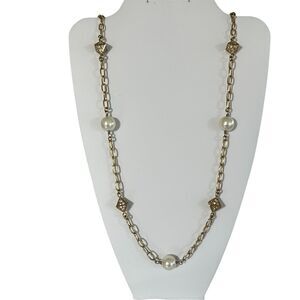 Vintage Juicy Couture Y2K Gold Tone Crystal Faux Pearl Long Necklace 32”